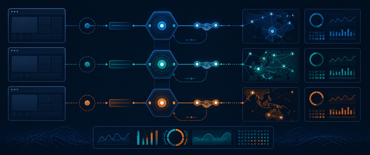 Isolated Playwright browser contexts connected through monitored regional proxy gateways