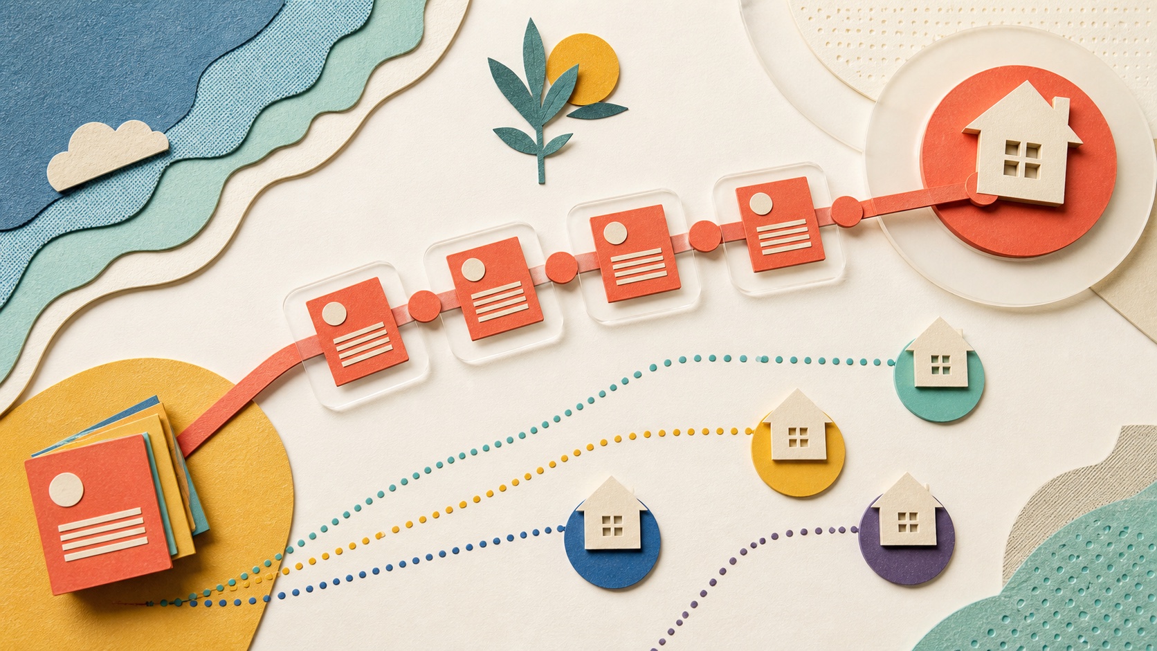 Editorial illustration of a residential proxy session following one stable route