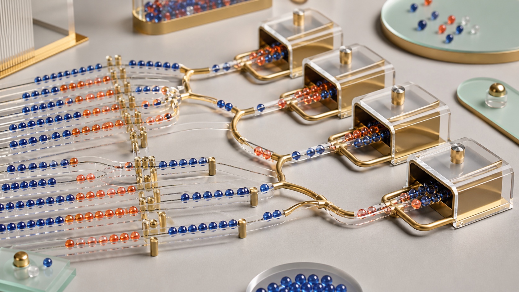 Miniature laboratory showing browser sessions moving through controlled proxy lanes