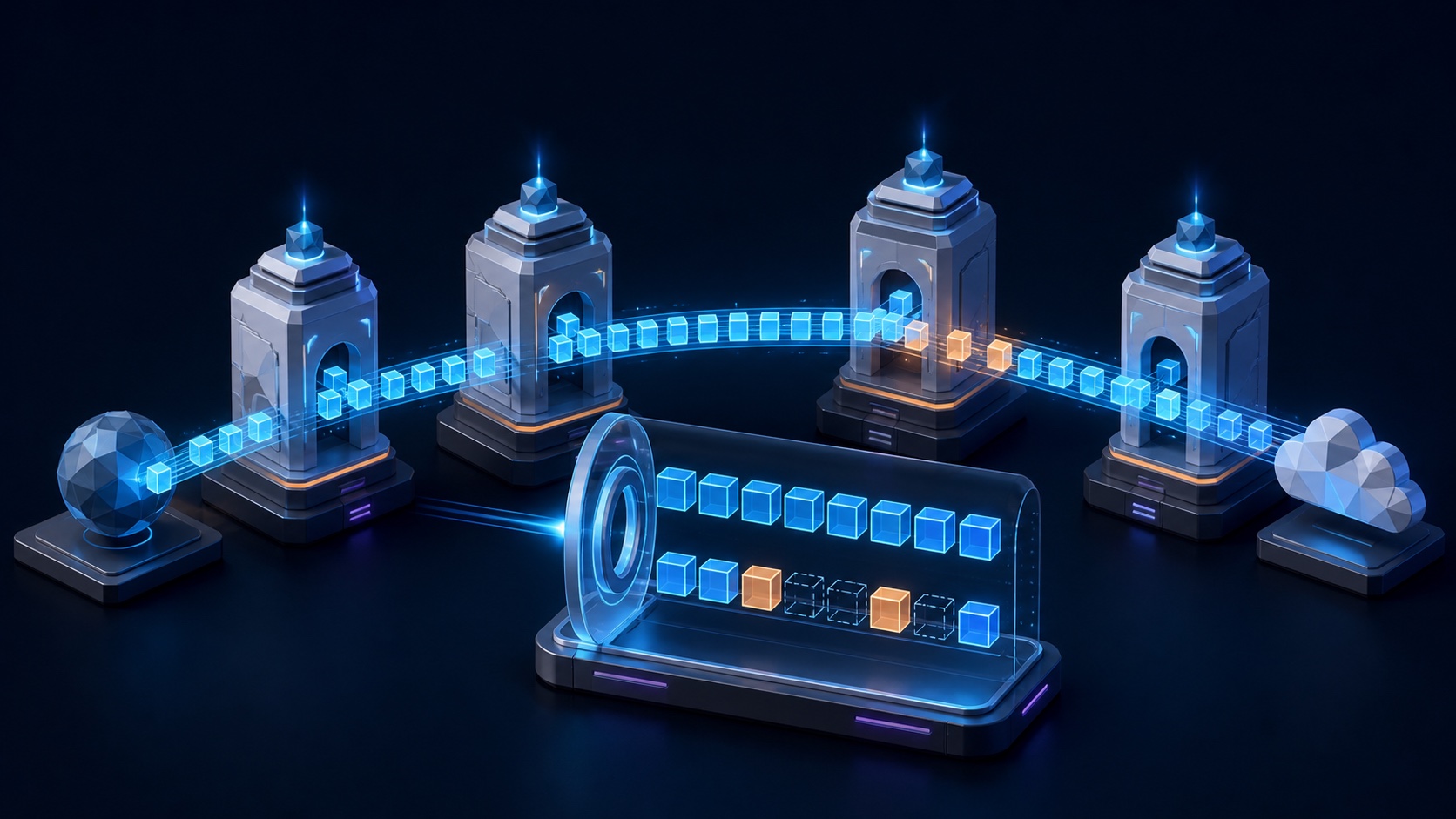 Internet data packets crossing layered gateways while an integrity monitor checks response completeness