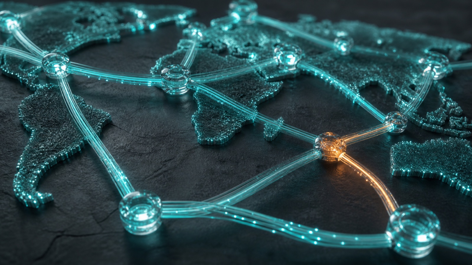 Glass fiber Internet routes showing a validated path and an amber route anomaly