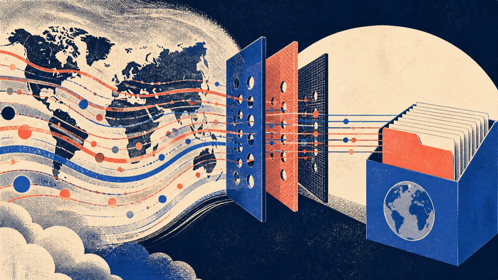 Screen-printed Internet request paths passing through privacy filters into a clean diagnostic archive
