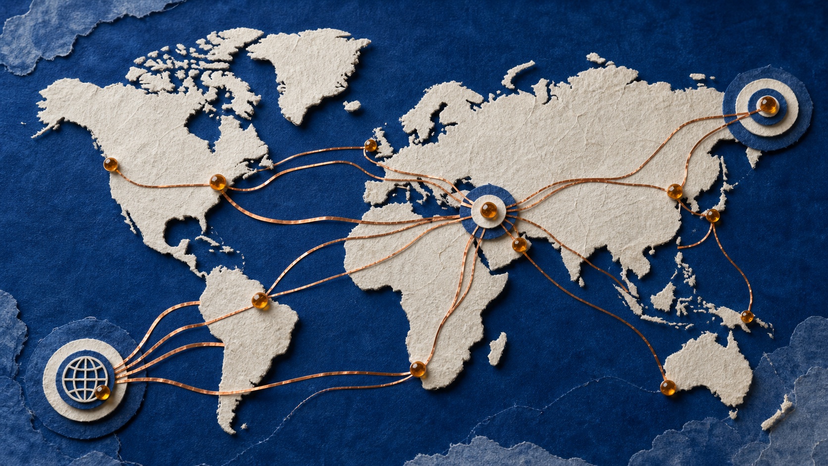 Cyanotype world network with copper Internet routes passing through a controlled proxy gateway