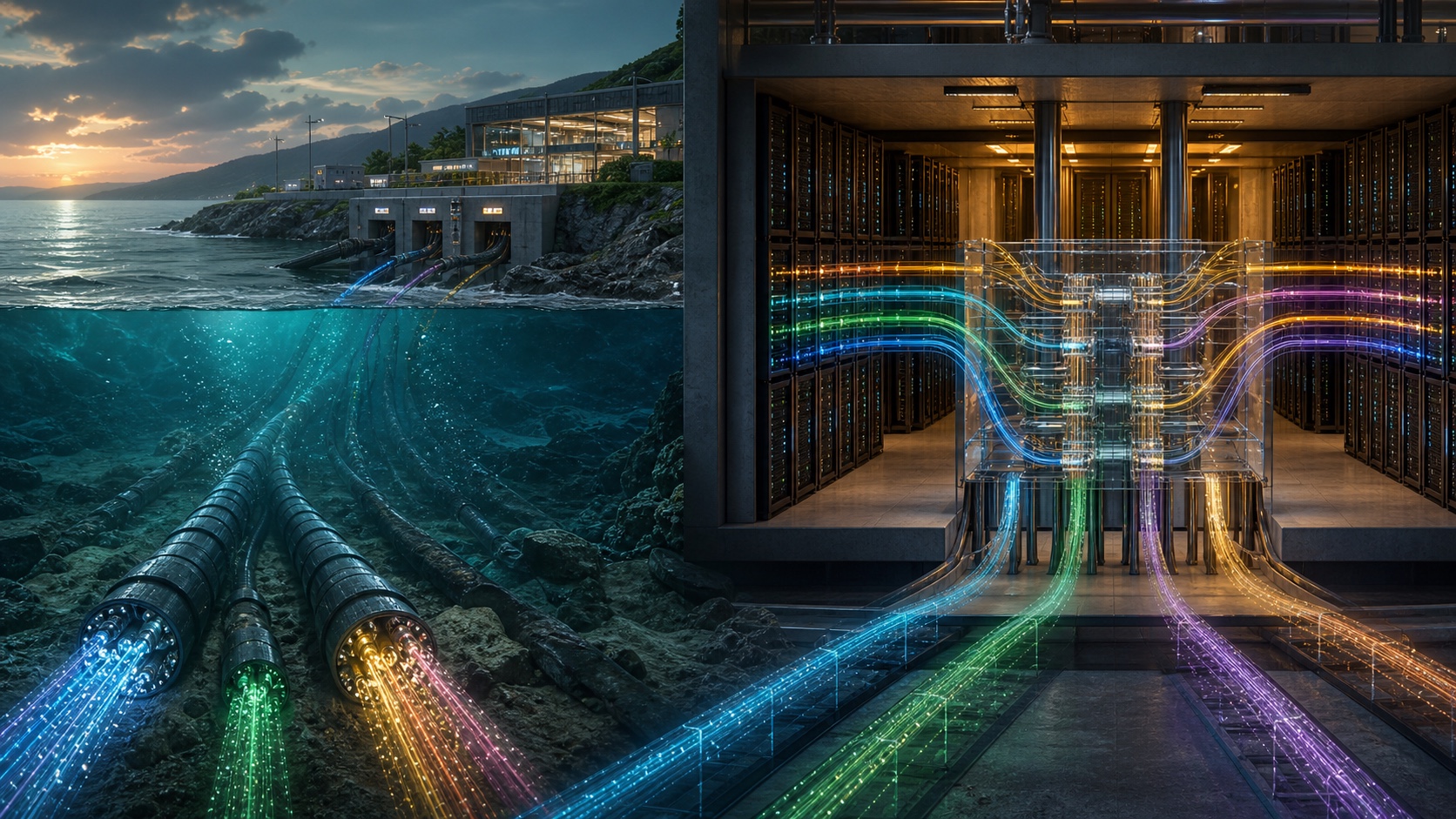 Submarine Internet cables connecting a coastal landing station to an Internet exchange data center