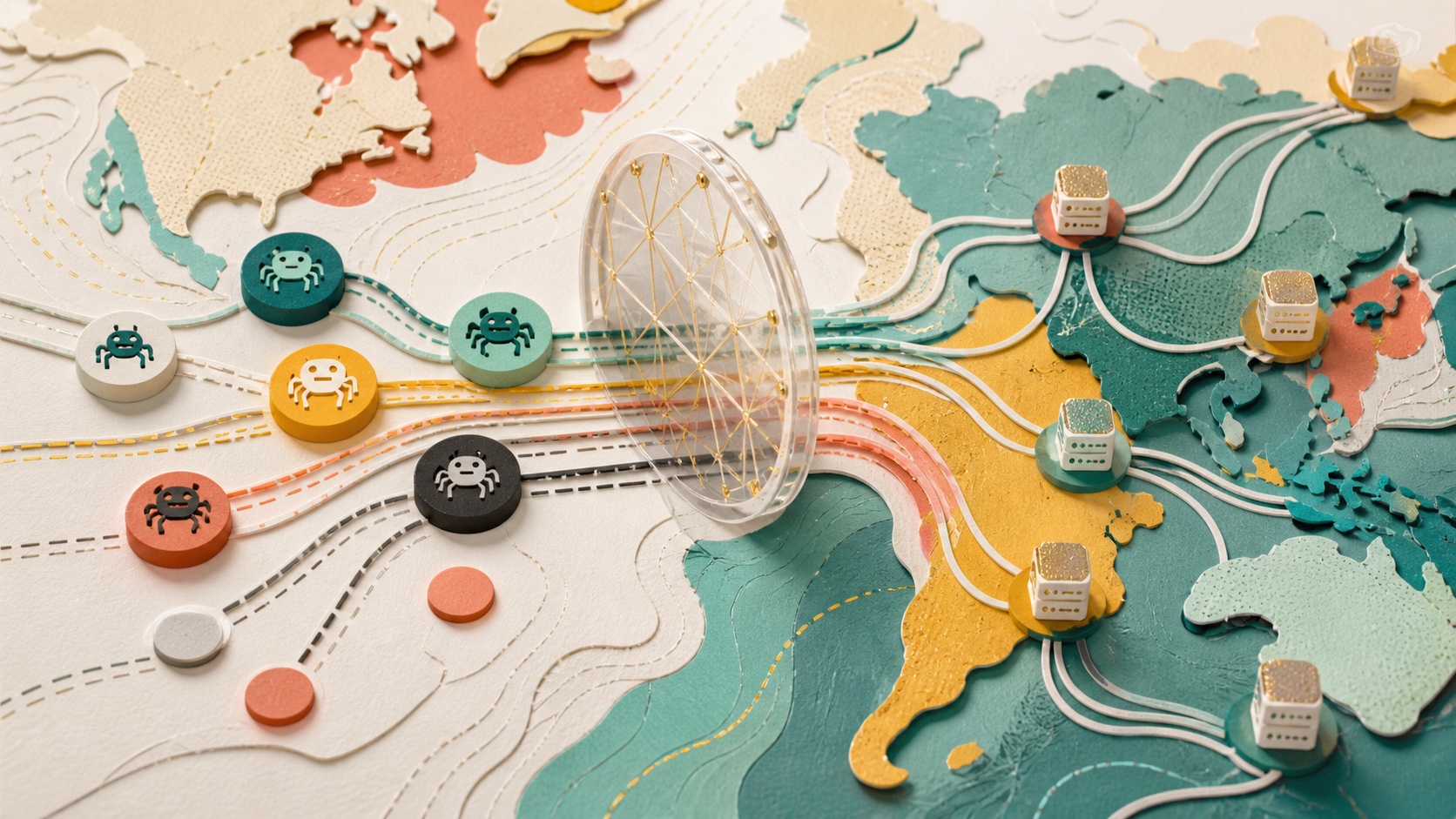 Paper-cut global Internet map showing crawler signals passing through a transparent verification gateway