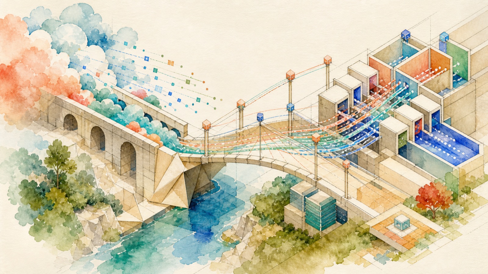 Watercolor Internet log streams cross a resilient bridge from a legacy cloud pipeline into modular observability channels