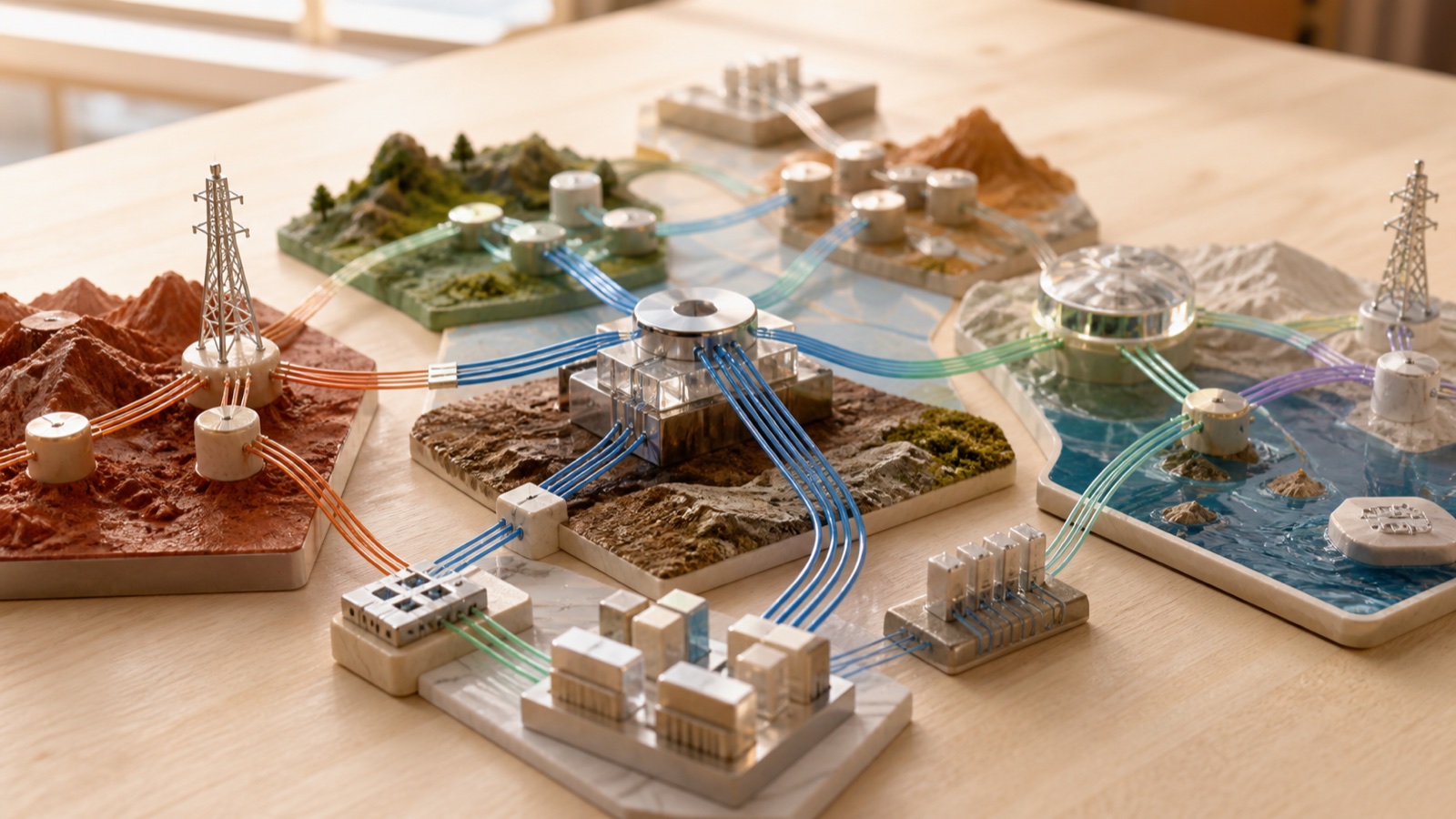 A warm miniature Internet laboratory routes colored fiber paths across diverse network terrain and relay nodes