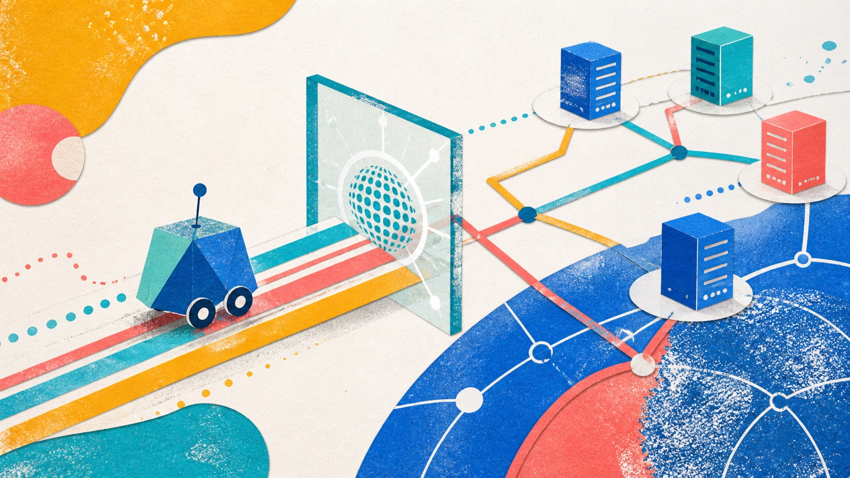 A bright editorial collage shows a responsible crawler crossing a verification gateway into a distributed Internet network