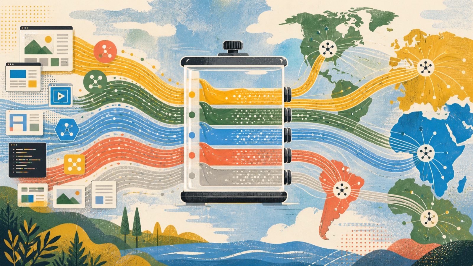 Screen-printed global Internet traffic streams flowing through a bandwidth measuring reservoir