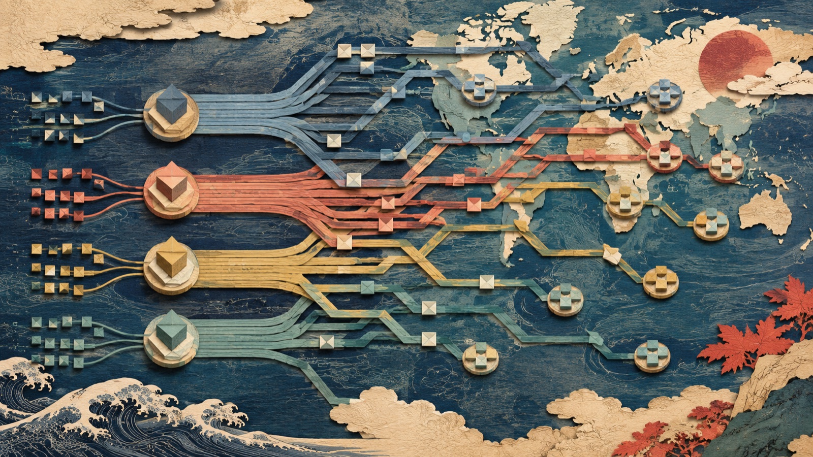 Woodblock collage of grouped Internet routes crossing regional gateway nodes