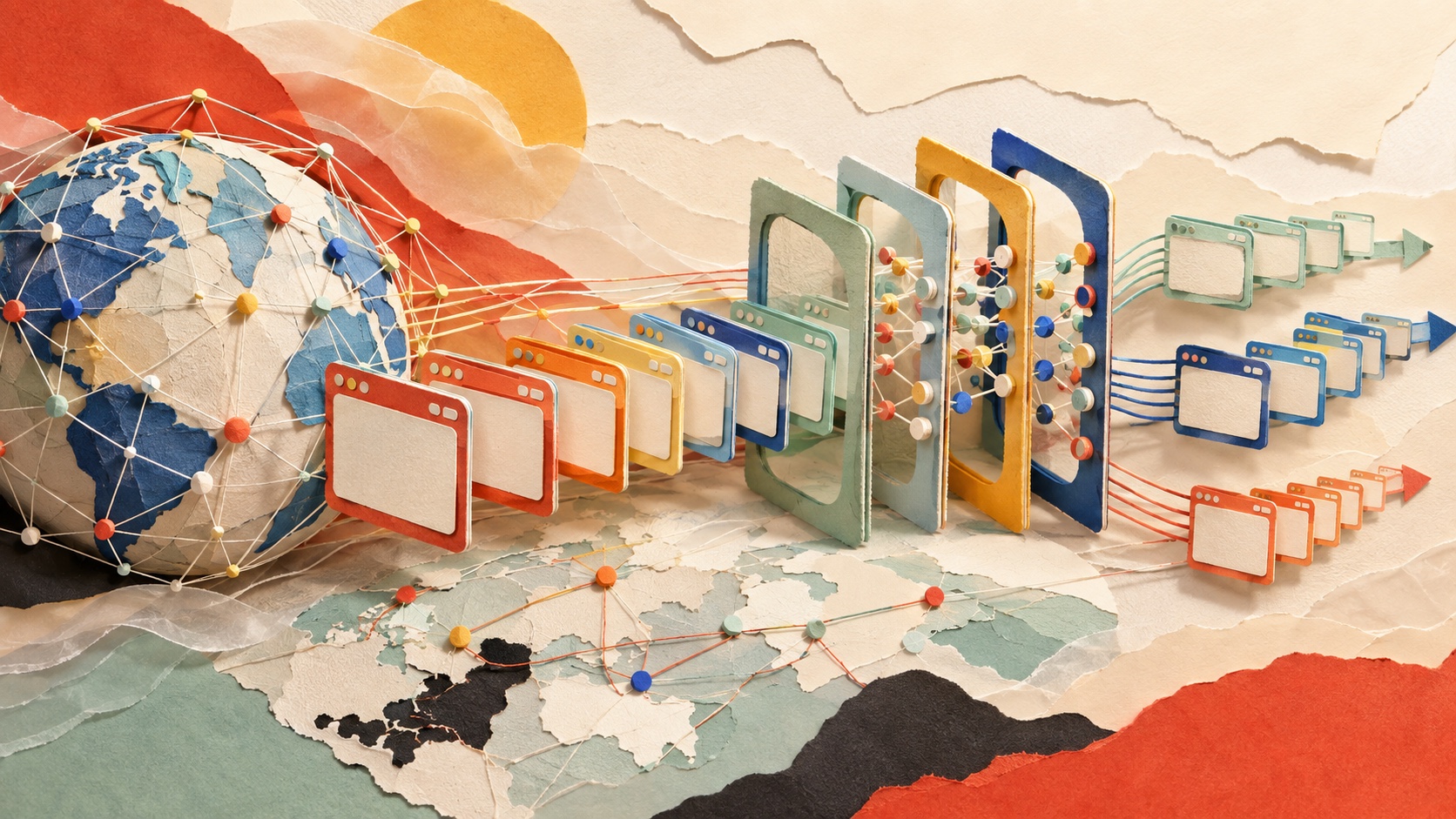 Paper-cut Internet routes moving through browser and proxy compatibility checkpoints