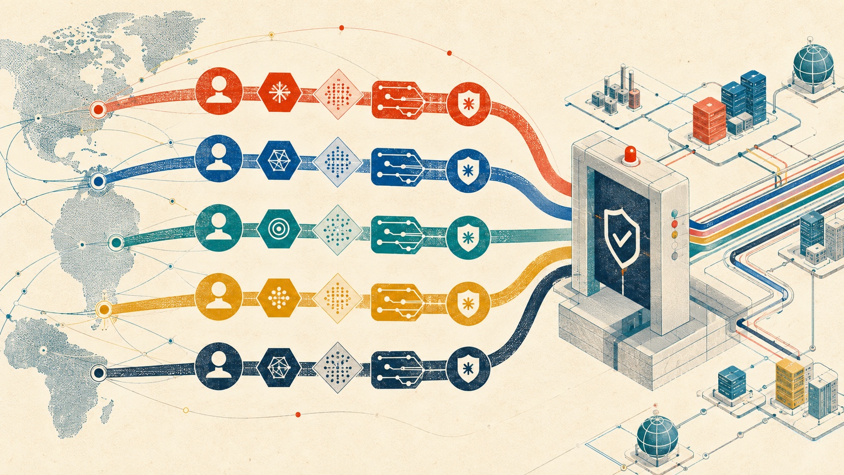 Bright editorial illustration of verified crawler identity cards moving across Internet routes