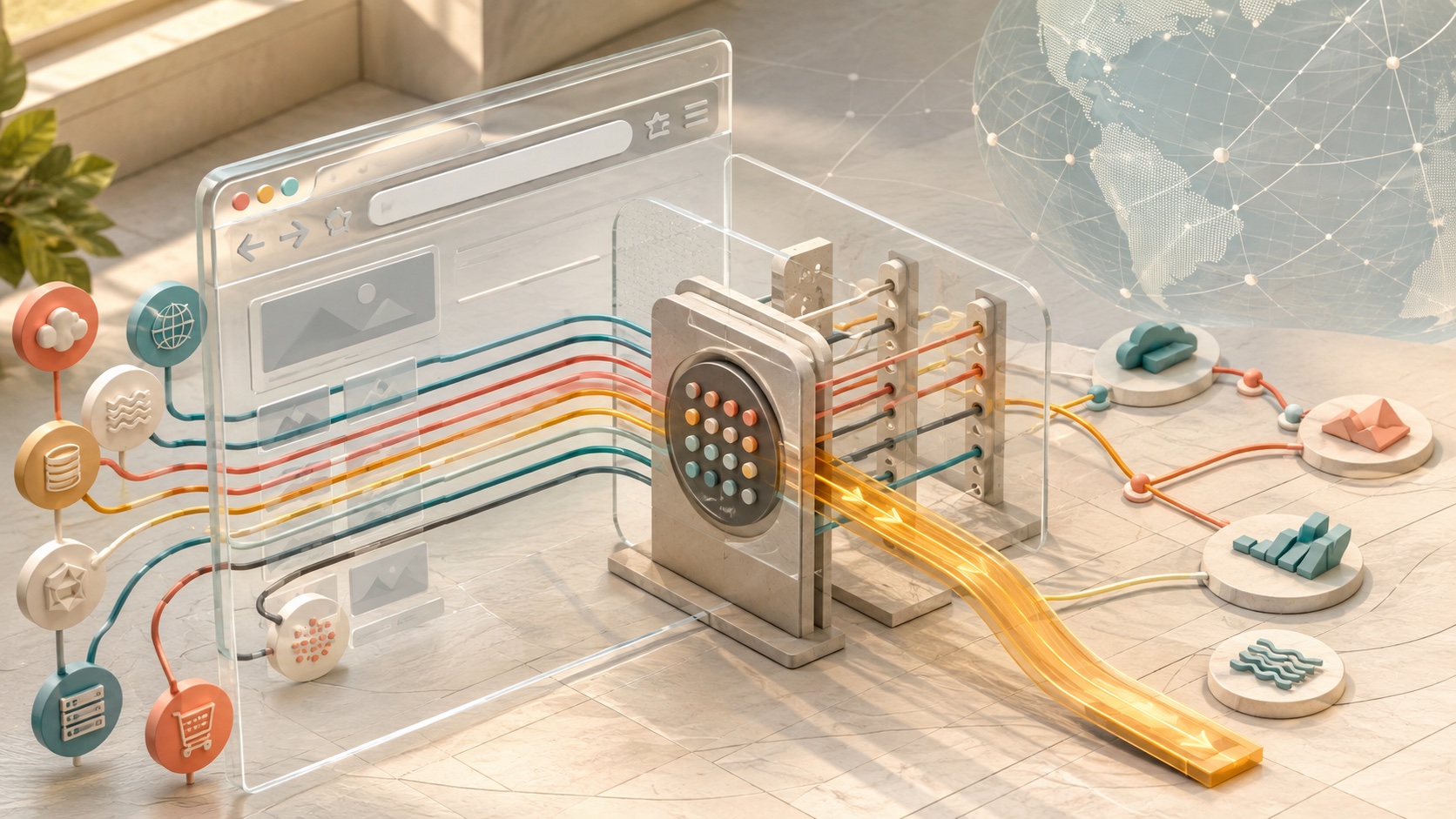 A transparent browser routes internet traffic through a controlled proxy gate while direct paths are inspected