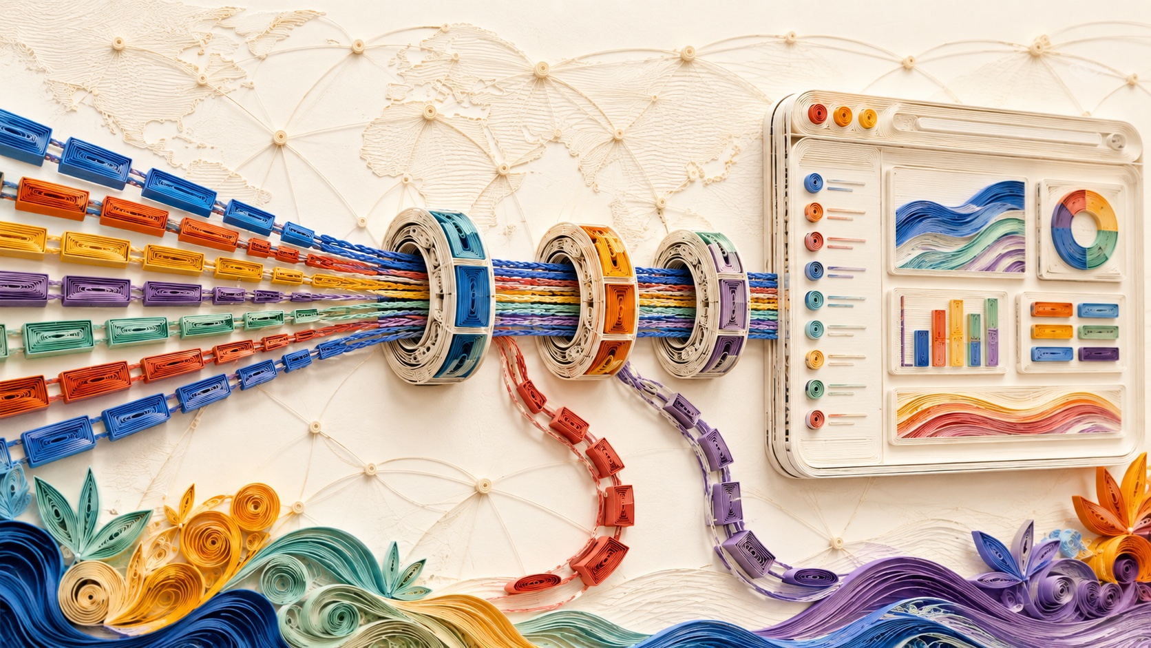 Colorful line-by-line internet packets travel through rotating proxy nodes into a browser inspection frame