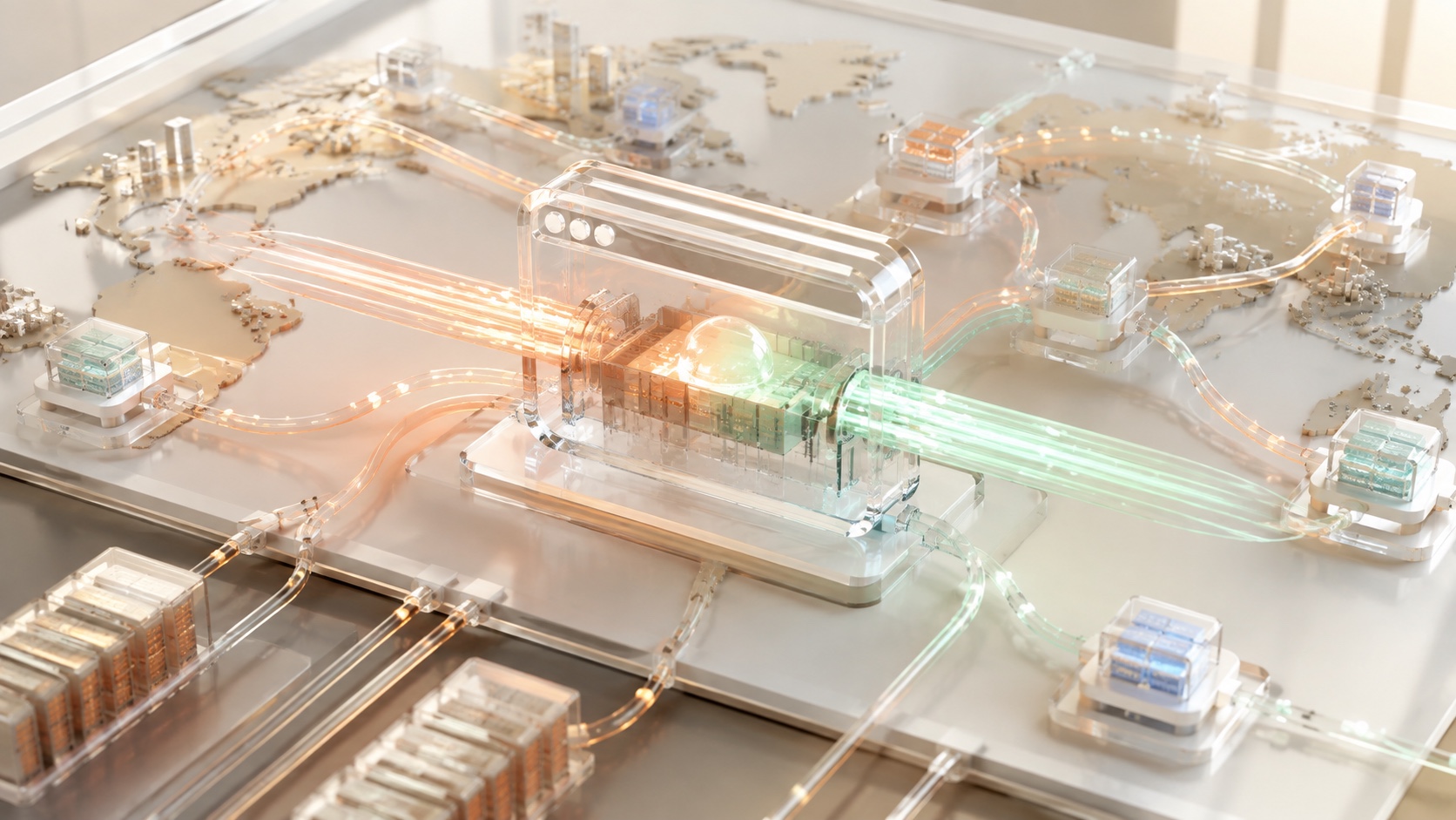 Two synchronized internet control paths pass through regional proxy relays into a transparent browser testing chamber