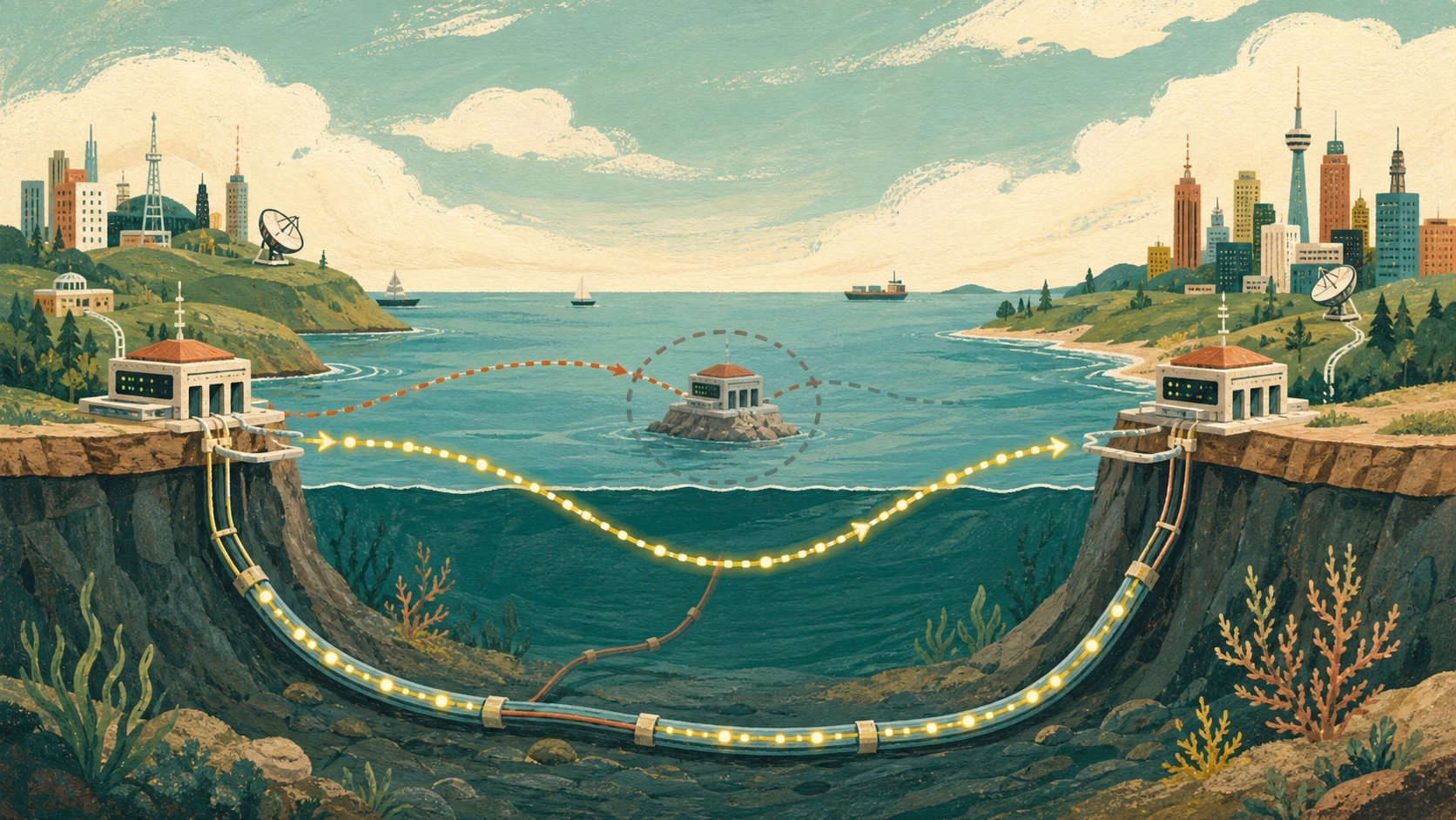 A global internet route switches around an isolated relay through a healthy undersea fiber path