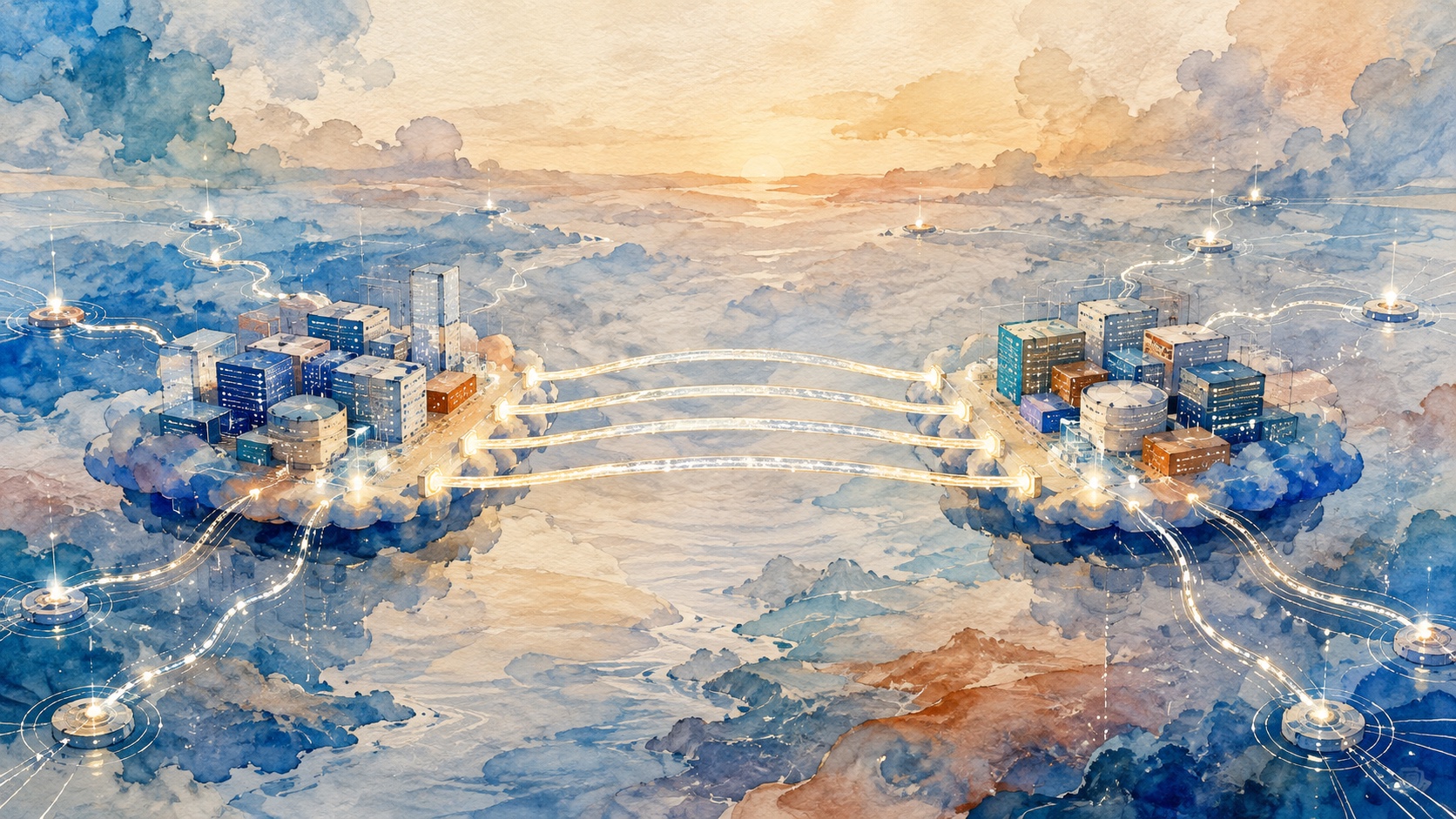 Four private cloud network paths connect two environments while proxy routes continue to public internet edges