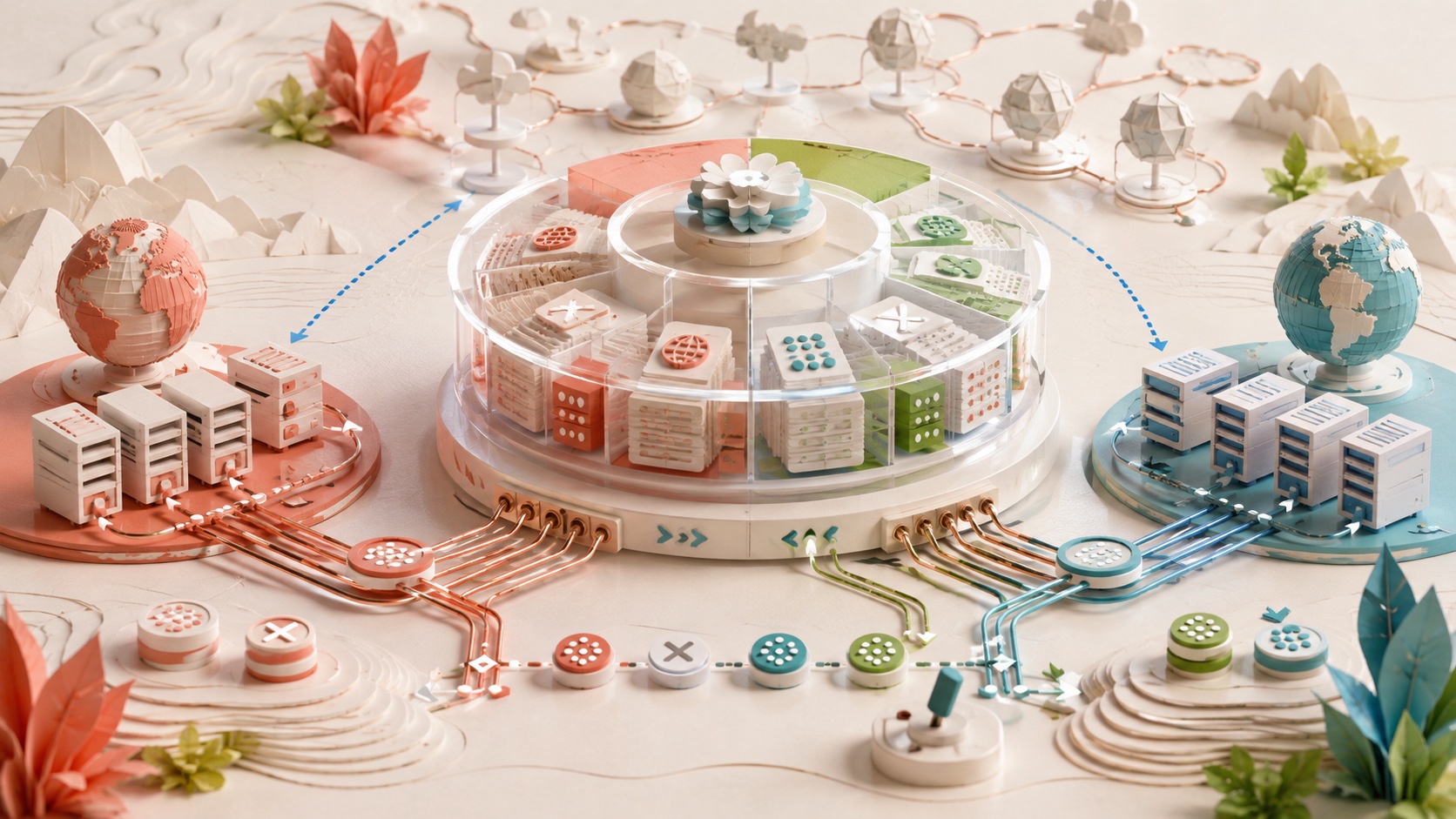 A bright network operations workbench routes refreshed DNS cache entries between old and new proxy gateway clusters