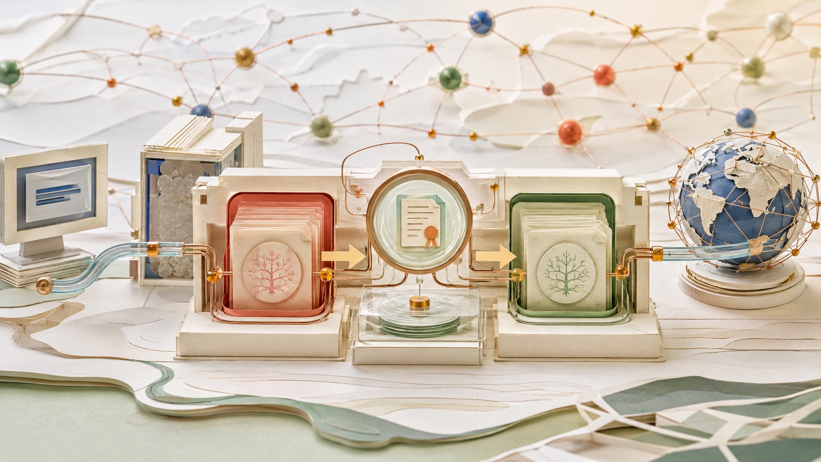 A bright Internet certificate-validation laboratory keeps an old cached trust tray separate from a newly selected trust tray