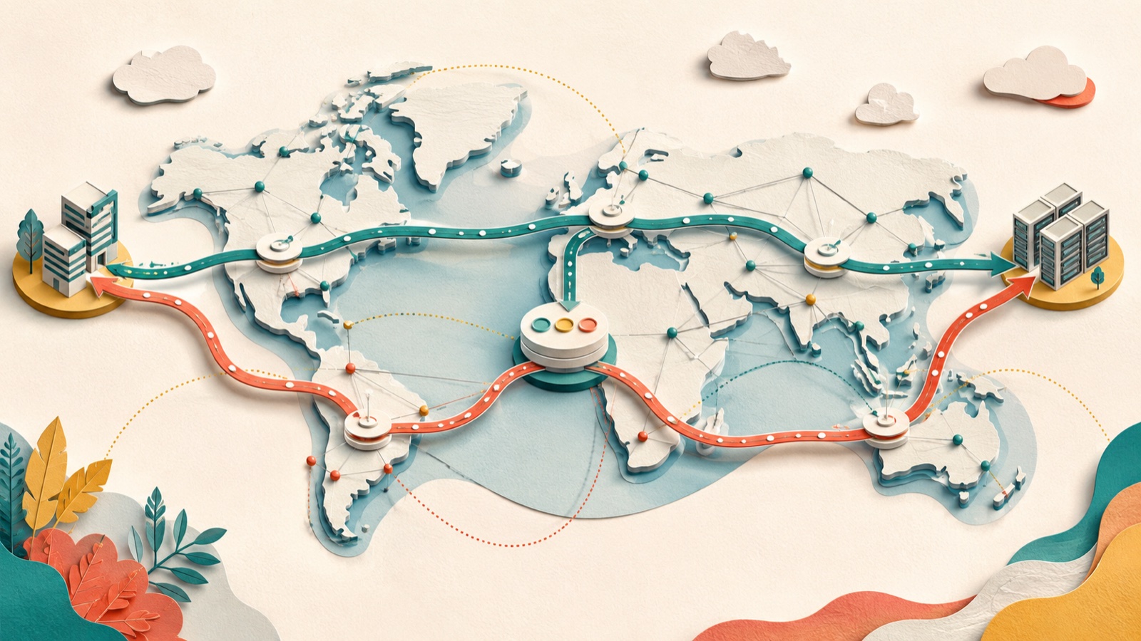 A bright paper-cut world network shows primary and secondary proxy routes connecting regional gateways