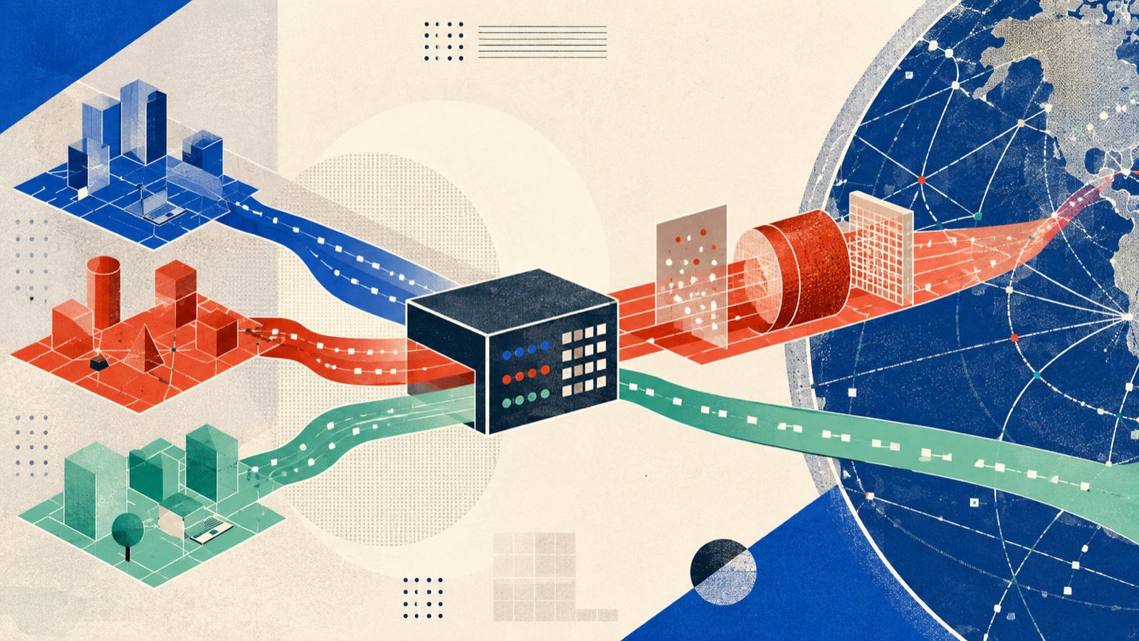 A screenprint Internet network routes three source subnet groups through controlled proxy and breakout lanes