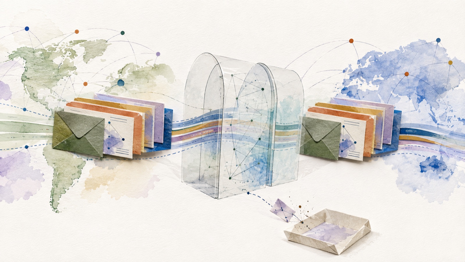 Watercolor internet routes carry matching request packets through a transparent proxy inspection gateway