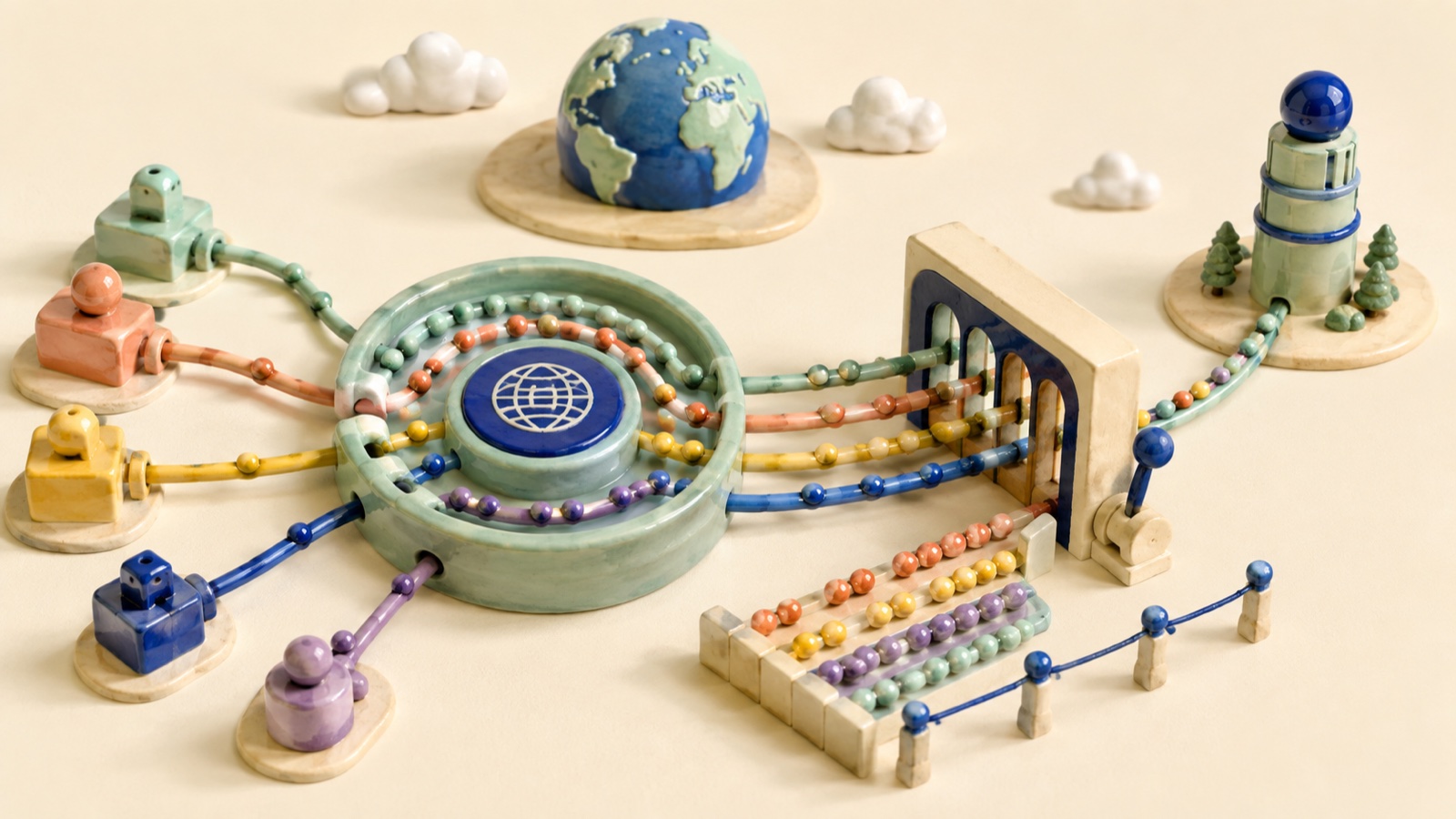 A bright ceramic internet model routes client connections through a measured shared pool and proxy gateway