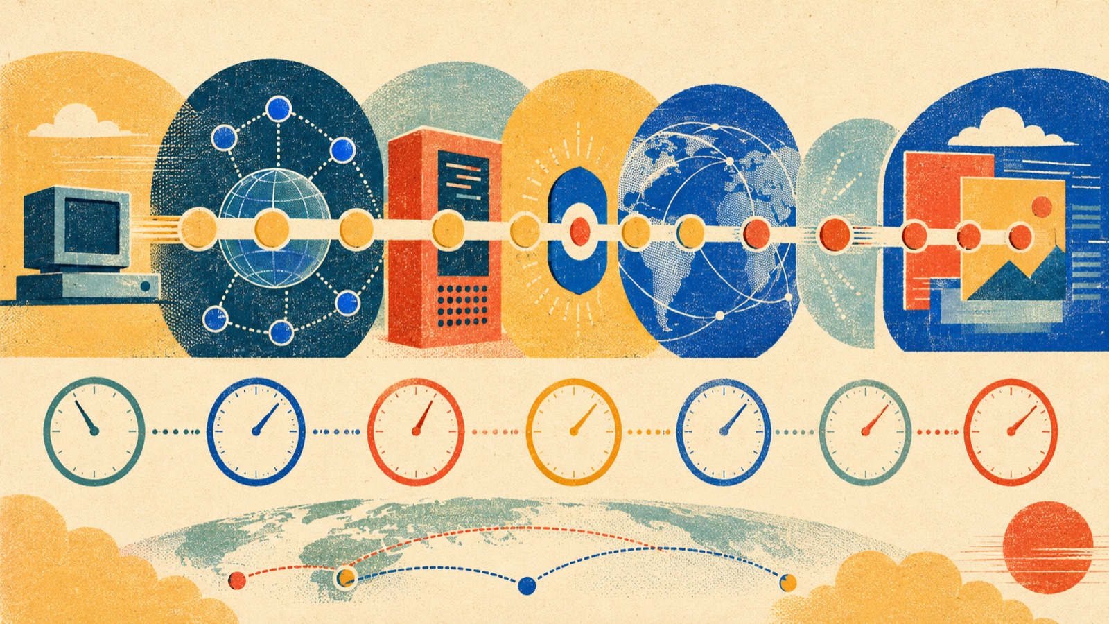 A bright risograph internet route separates request timing into consecutive network stages