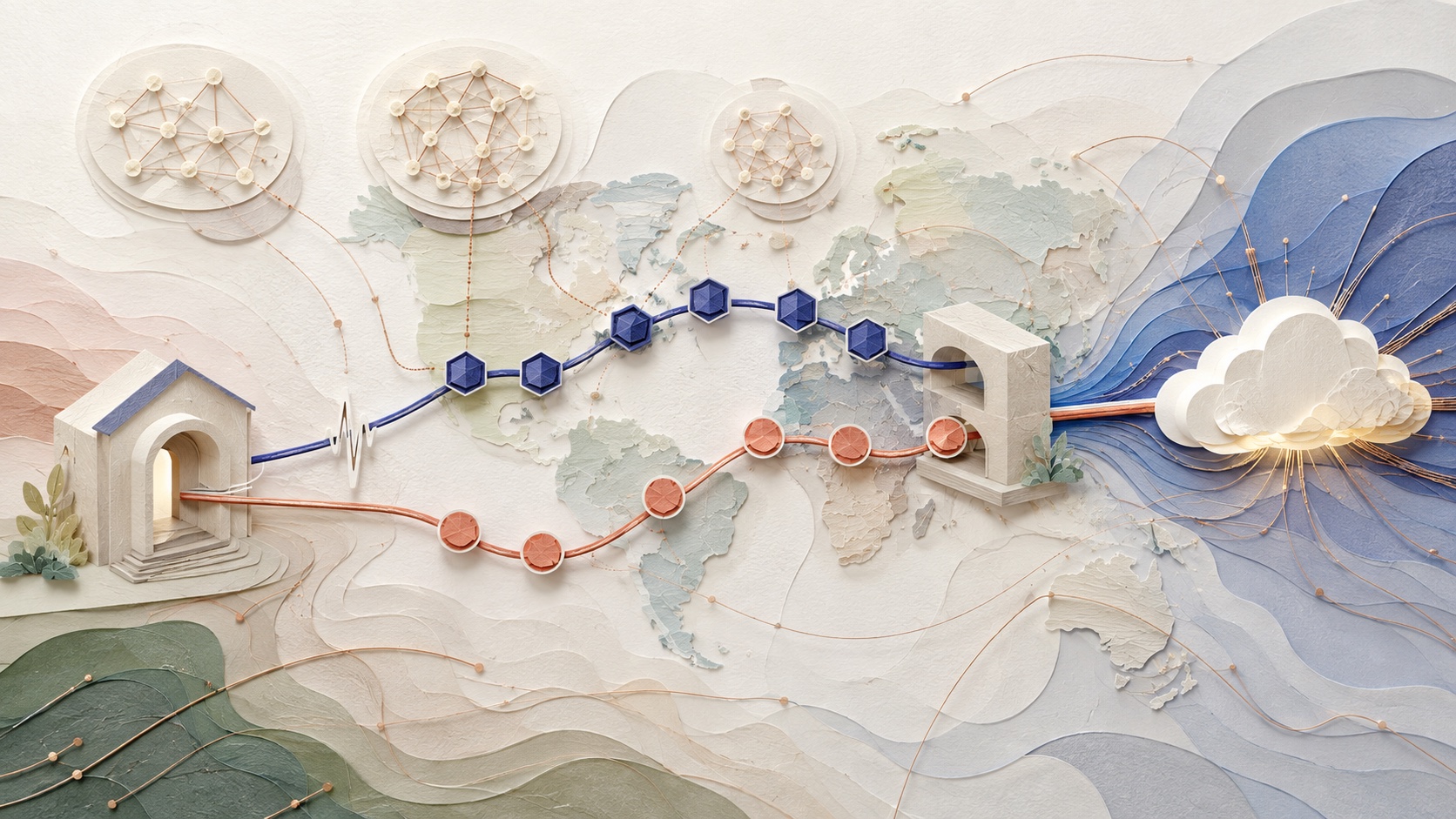 A tactile global internet map shows IPv6 and IPv4 routes racing through DNS toward a proxy gateway and destination