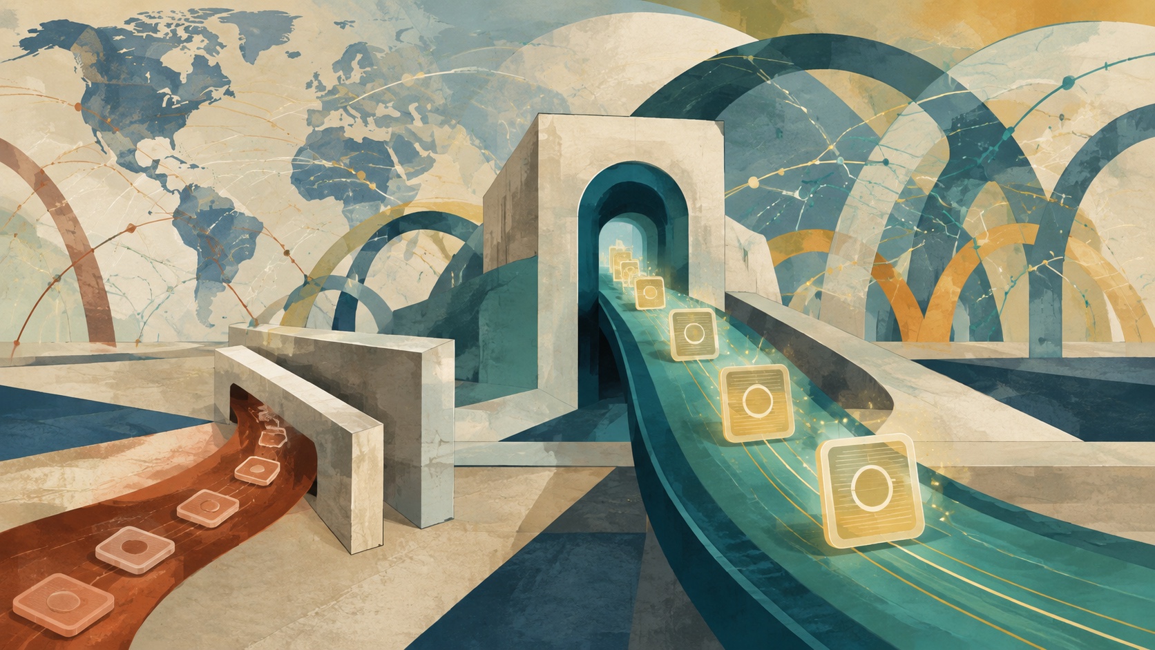 A global internet authentication gateway accepts a verified token route while a legacy fallback path stops before entry