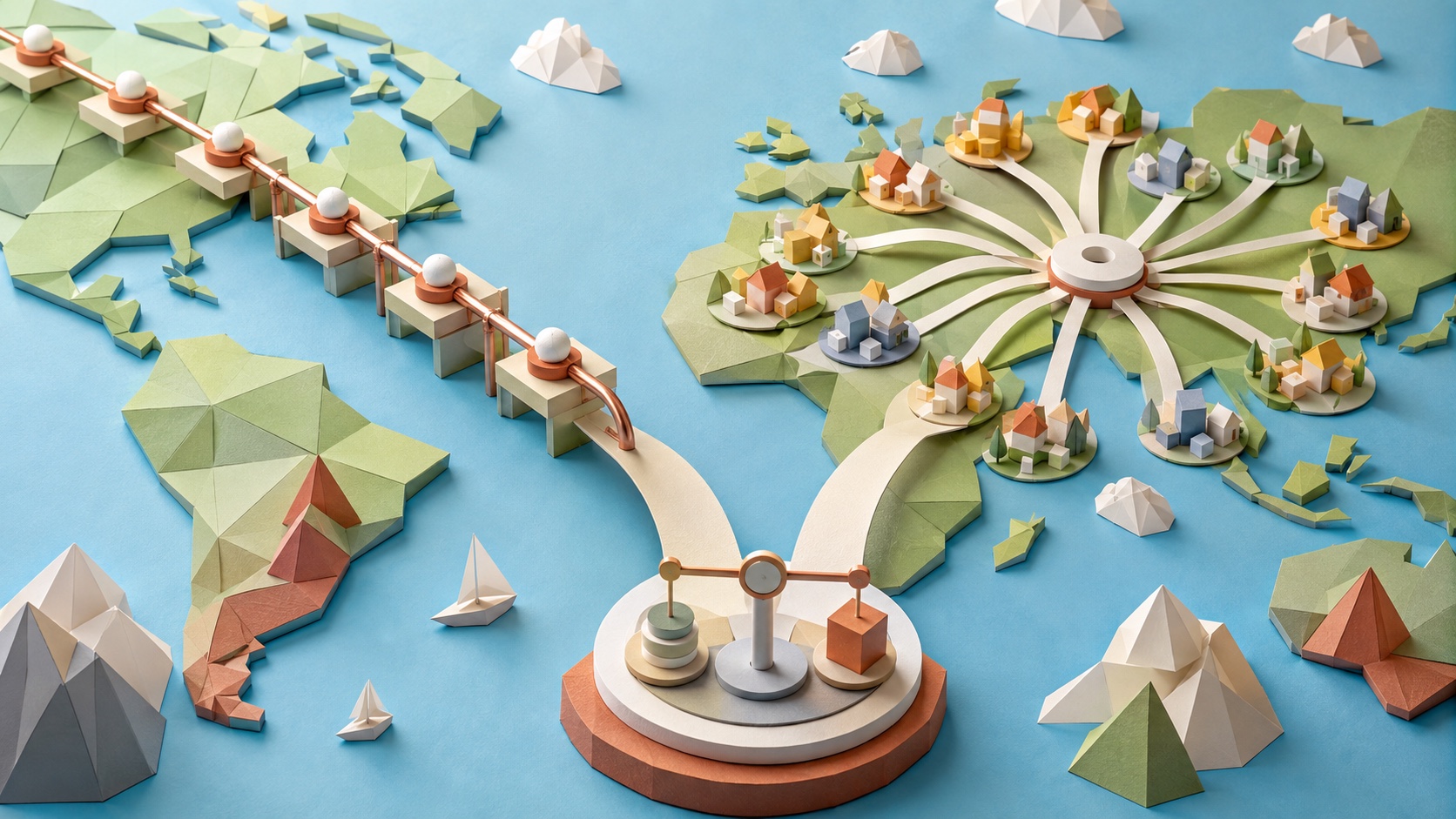 A paper-crafted global internet landscape compares a stable route with a diverse rotating network