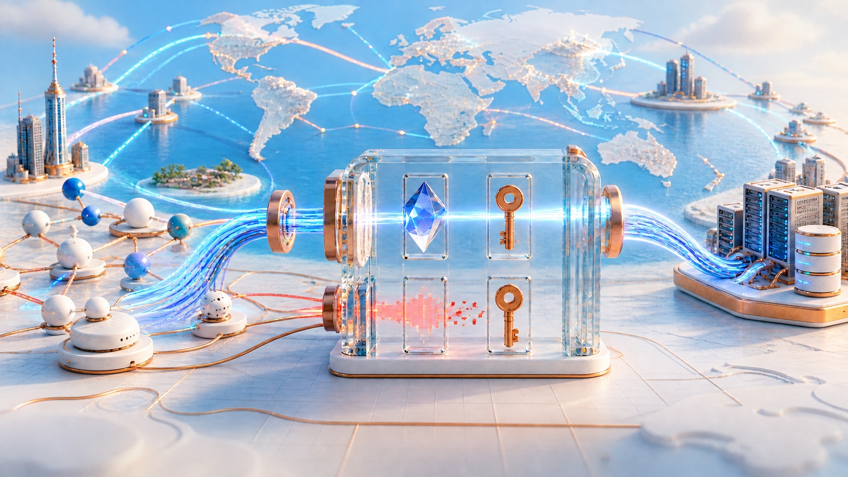 A bright global internet route passes through a glass proxy gateway only when certificate and pin evidence align