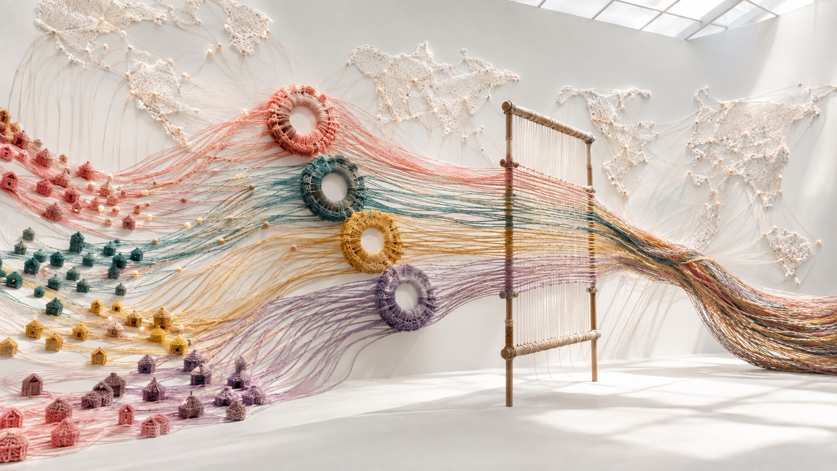 A fiber-art global internet routes residential nodes through distinct carrier clusters into a neutral sampling frame