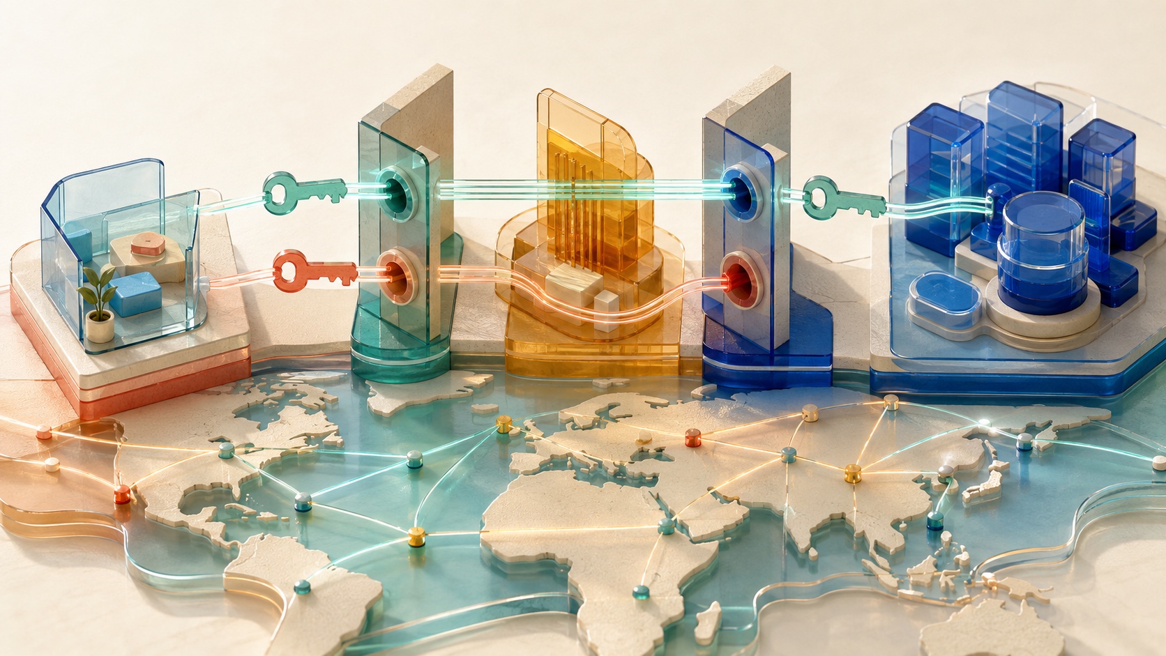 An internet route passes through separate proxy and origin identity checkpoints, with a mismatched path stopped at verification