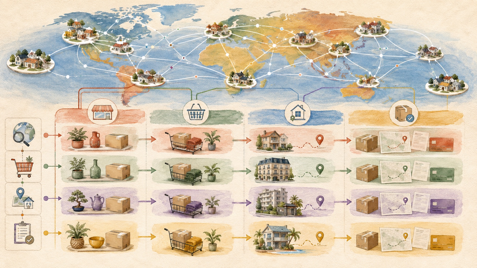 A global residential internet network feeds four orderly regional checkout test lanes from browsing through address validation