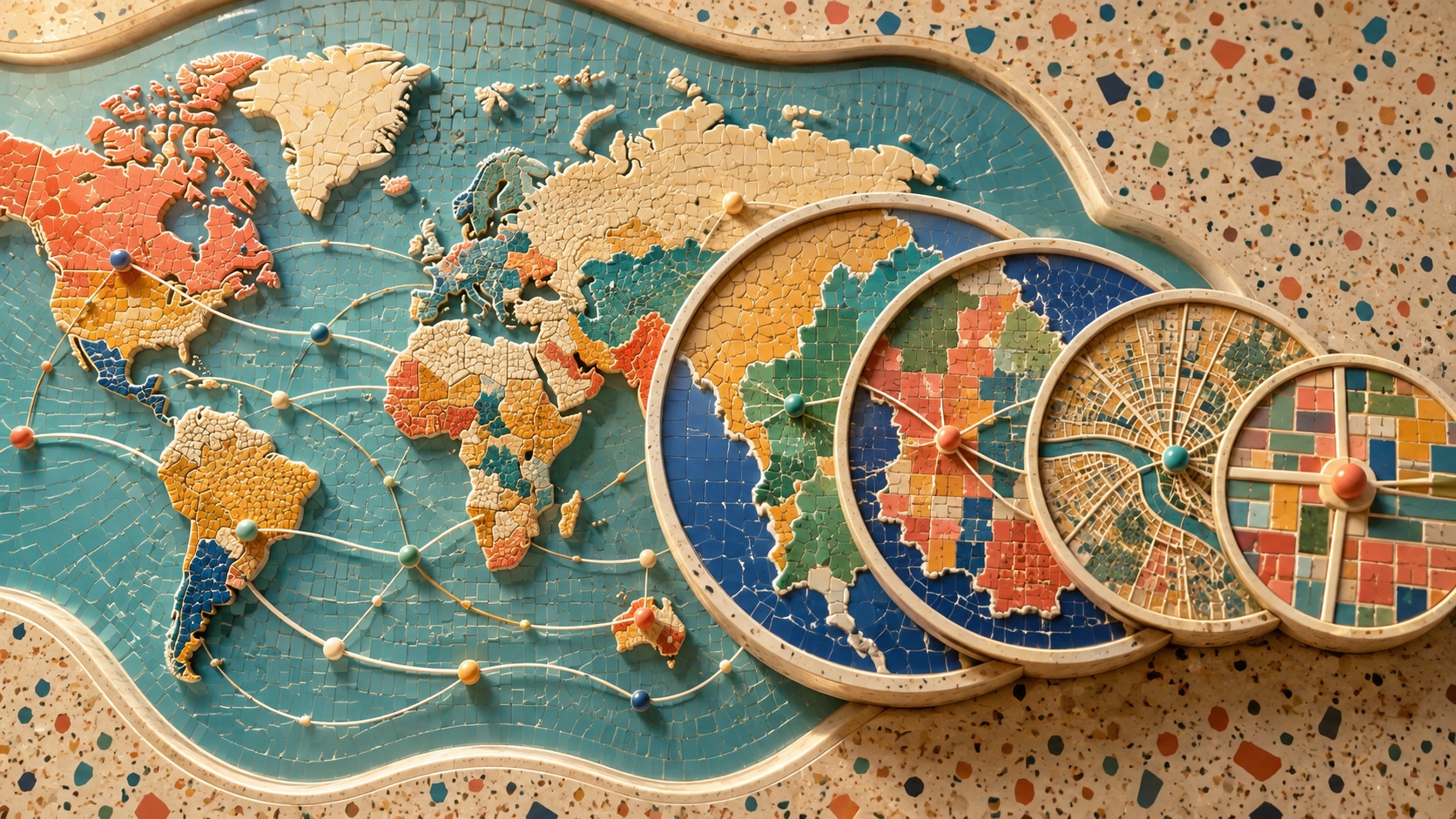 A ceramic mosaic world internet map connects global routing nodes while nested geographic layers narrow from country to postal-zone resolution
