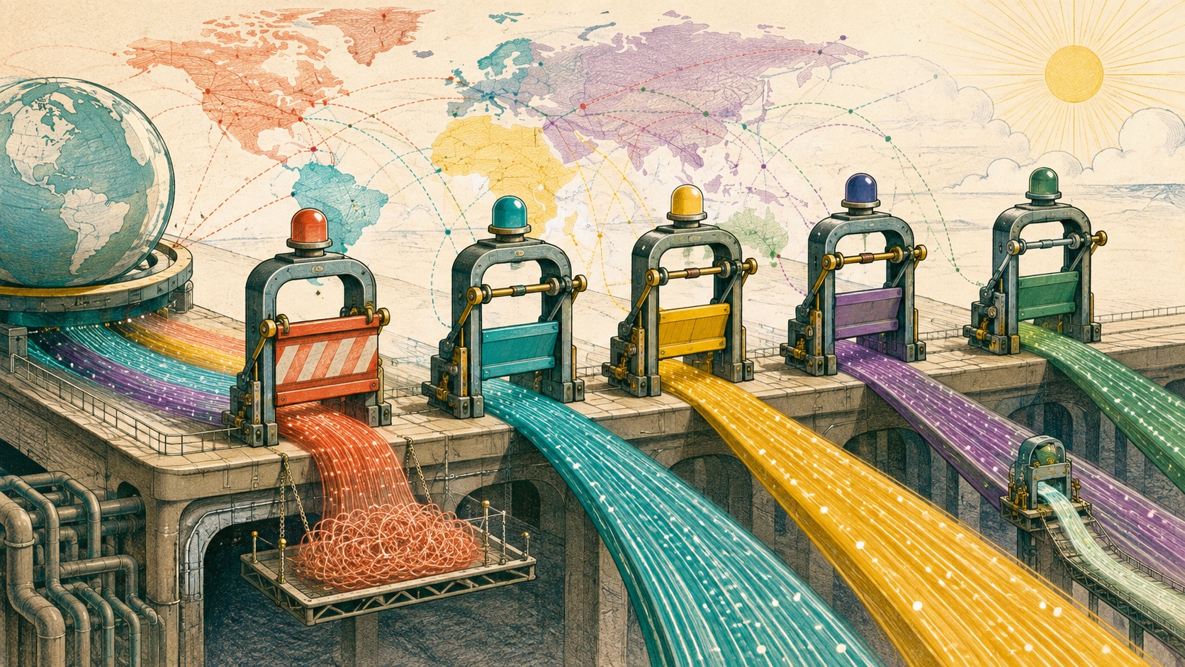 Separate colorful internet traffic lanes pass through independent safety gates so one failed route pauses while healthy regions and a controlled recovery probe continue