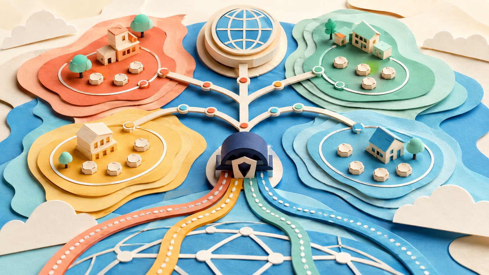 Paper-cut internet domain zones separated across a proxy routing map