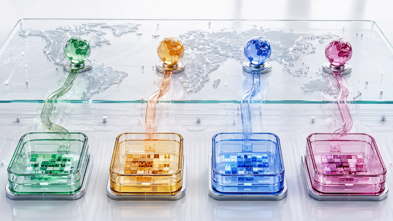 Separate colored glass cache chambers connected to independent global internet routes