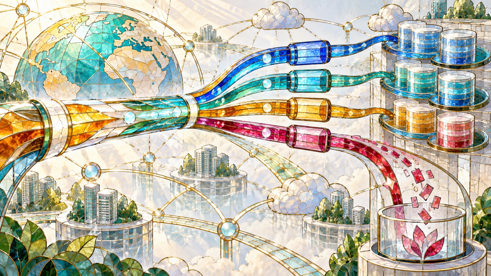 Stained-glass internet streams branching into isolated lifecycle stores