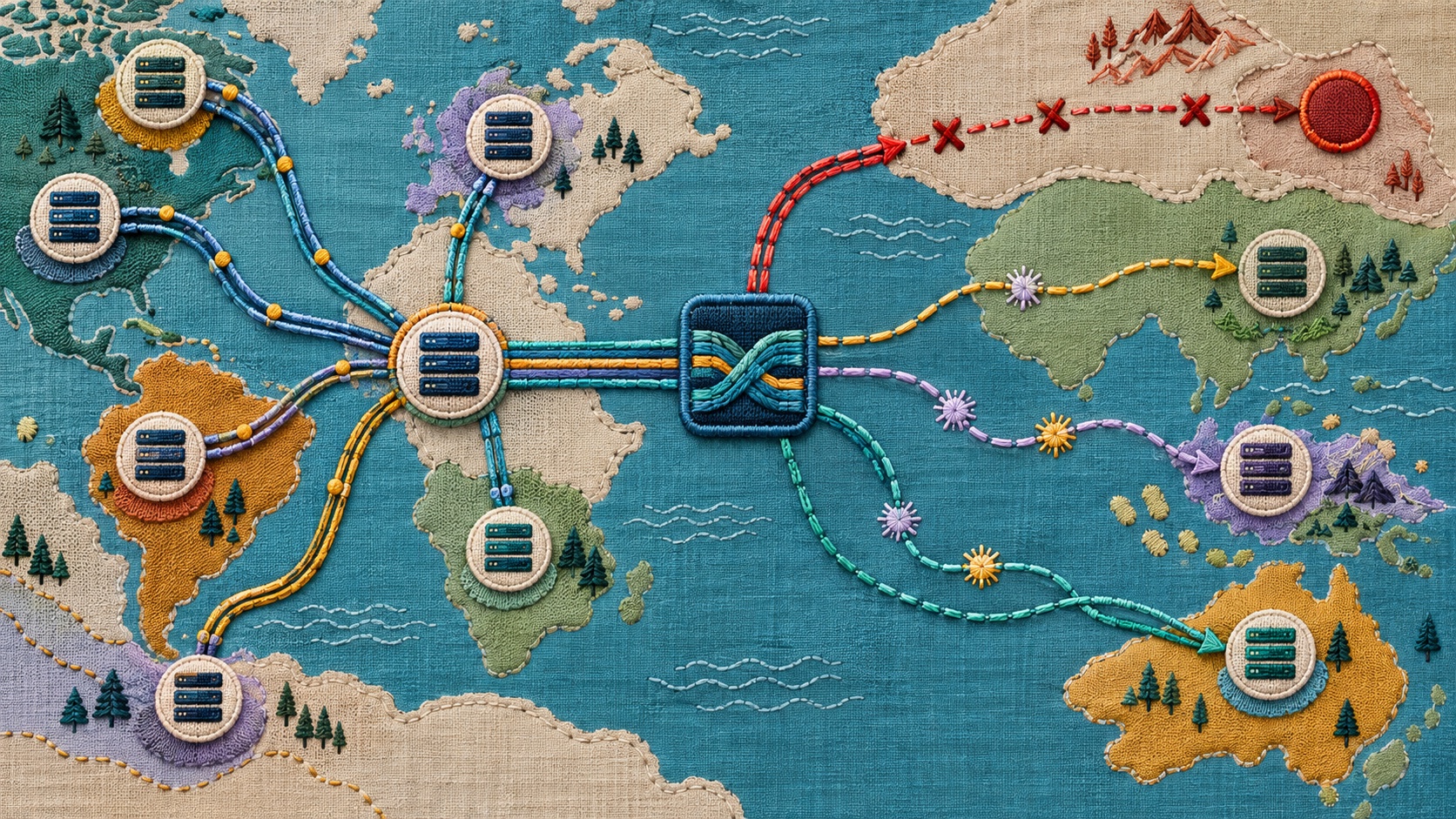 An embroidered internet map separating a durable negative DNS branch from proxy routes that recover