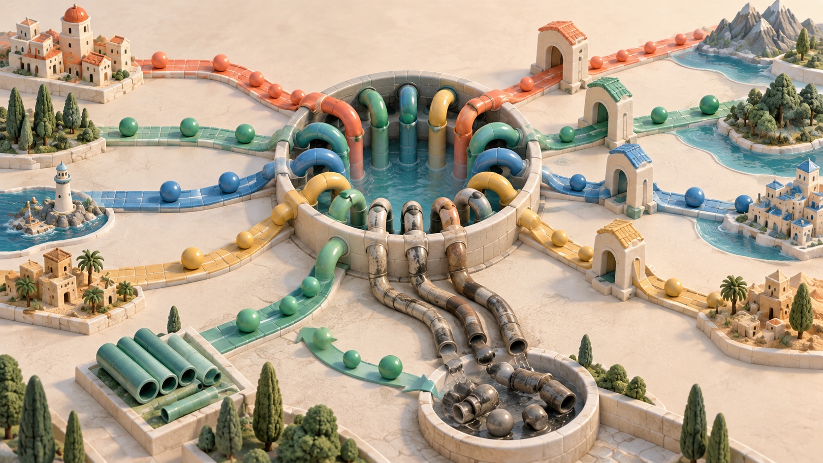 A ceramic internet route pool where fresh proxy connections continue and weathered routes drain safely