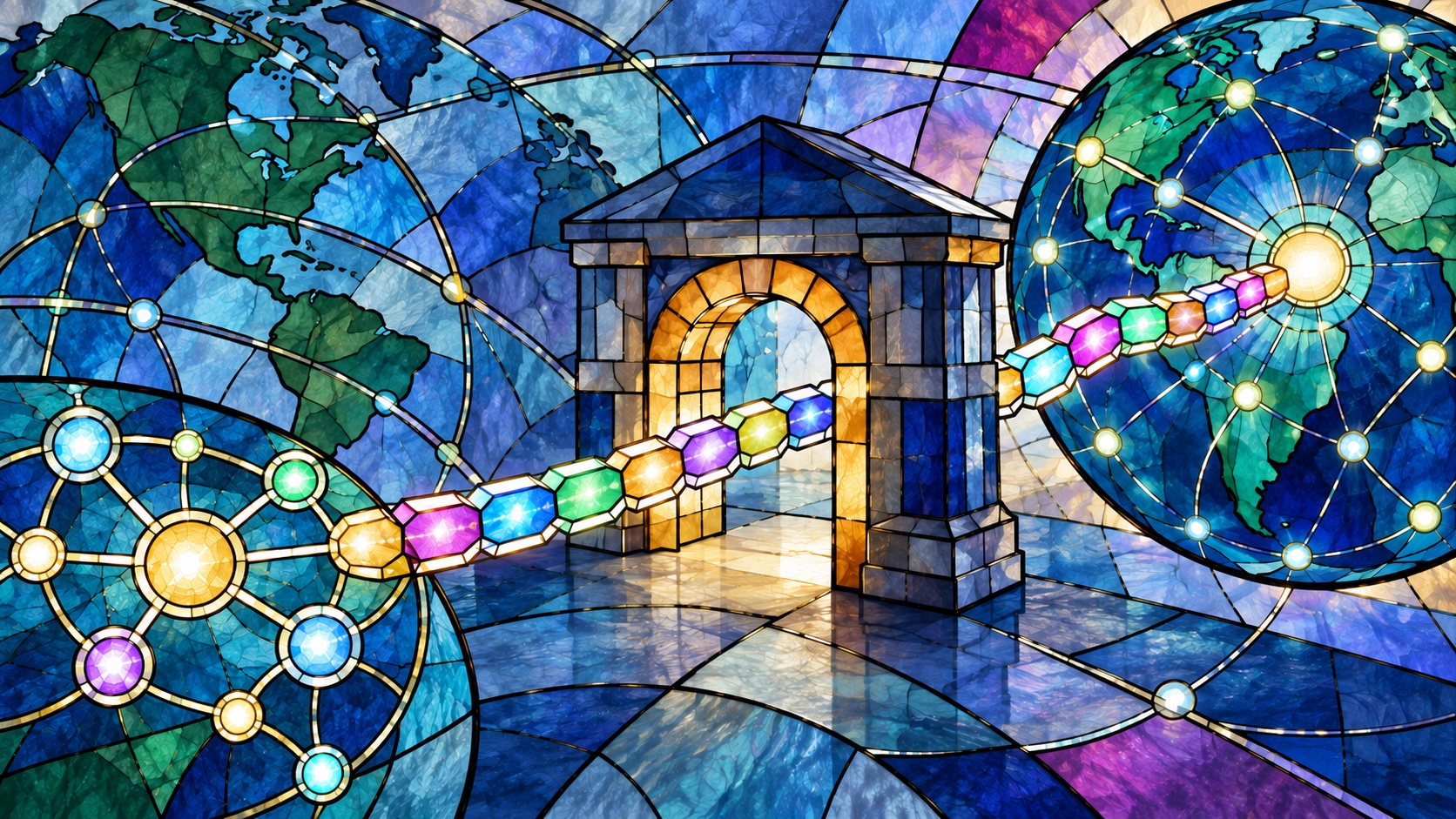 A stained-glass IPv6 internet route passes intact through a forward-proxy gateway