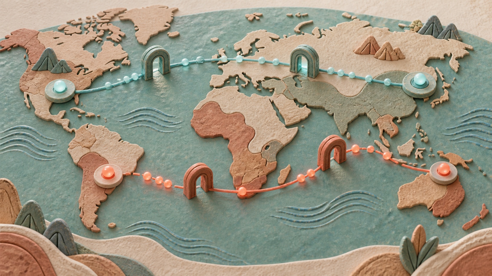 A handcrafted world network shows secure routes passing through distinct proxy gateways