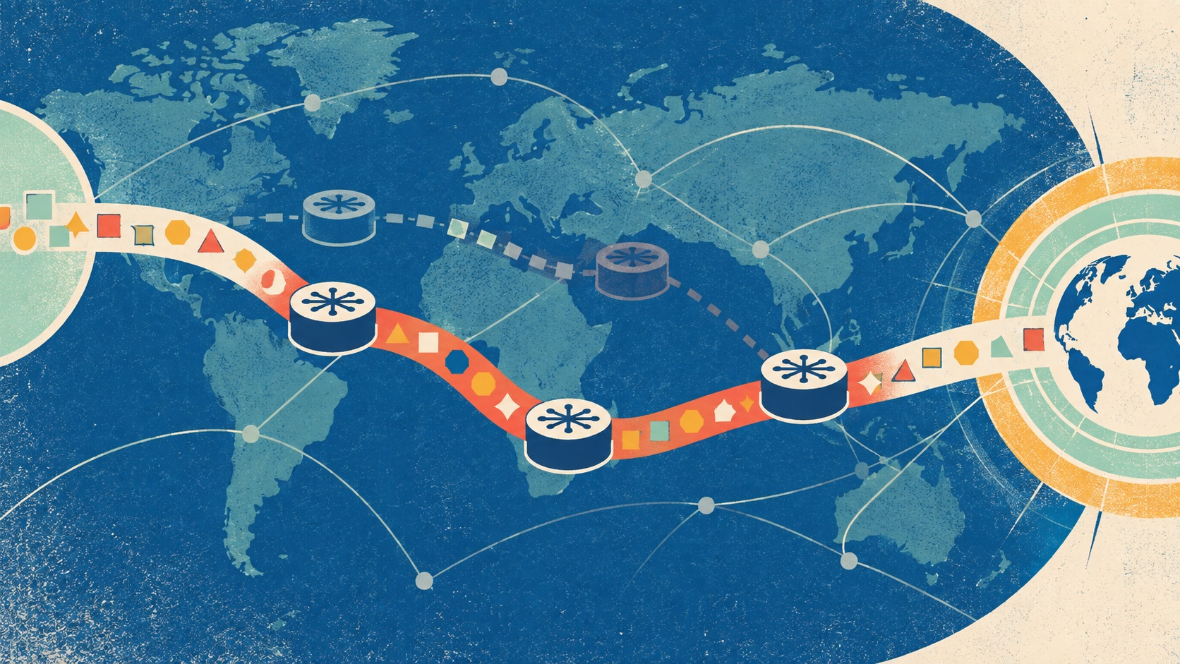 A screen-print Internet map shows route signals continuing through unfamiliar shapes toward a valid alternative service