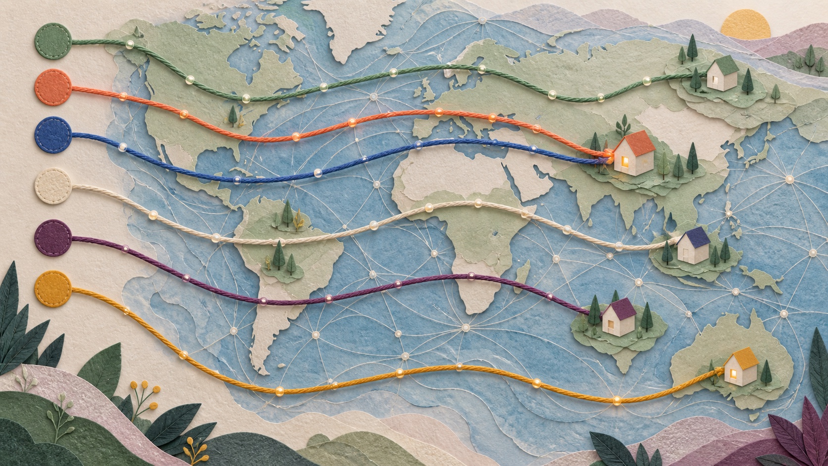 Colored Internet routes converge and separate across a tactile world network map