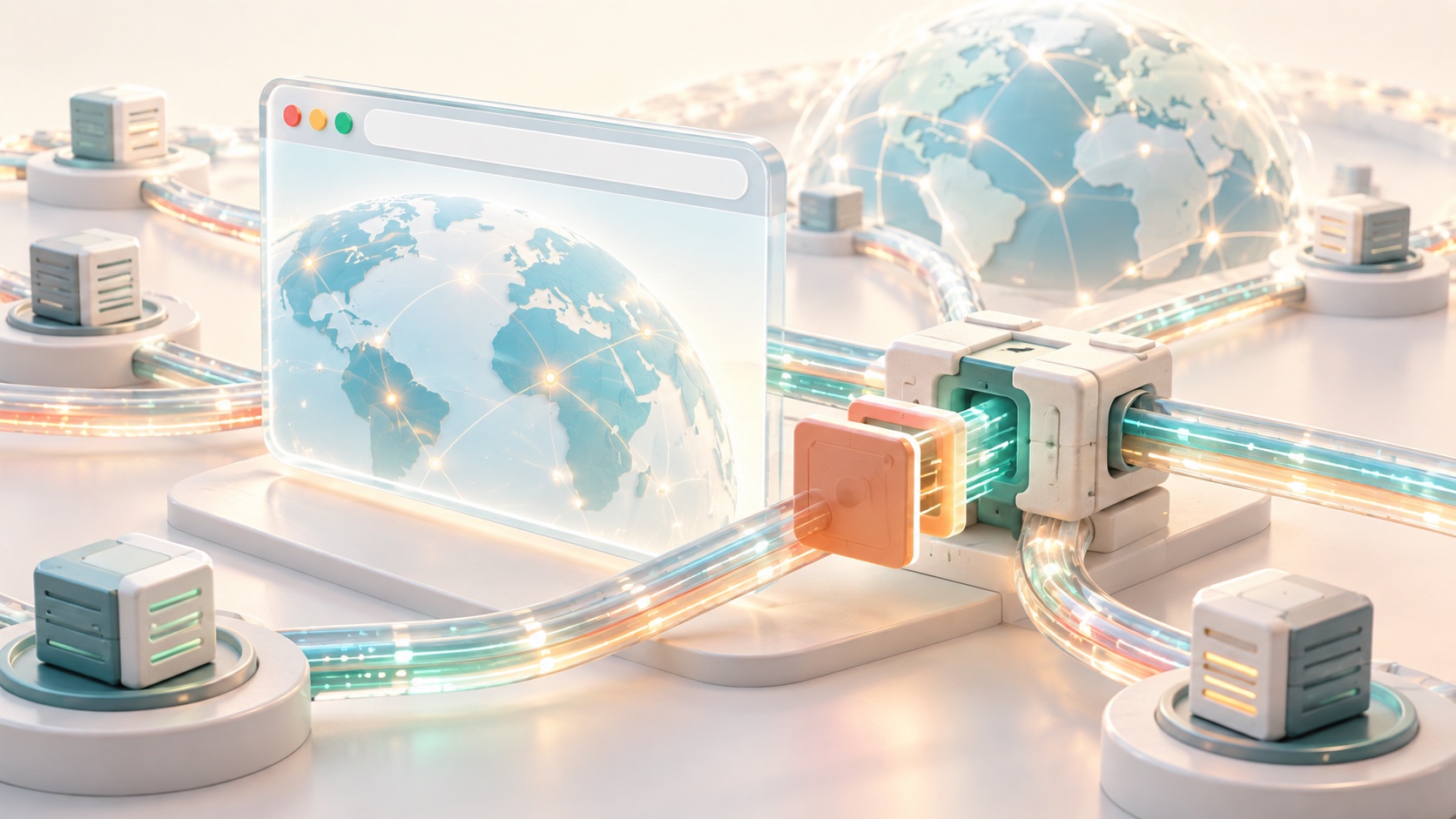 A bright browser network stack connects through a repaired proxy routing junction to the global internet
