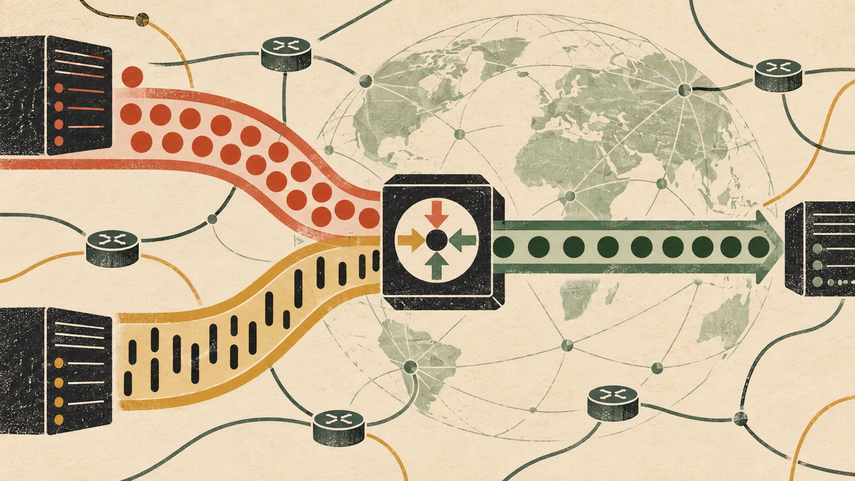 Two internet address streams pass through a normalization junction and emerge as one consistent proxy route