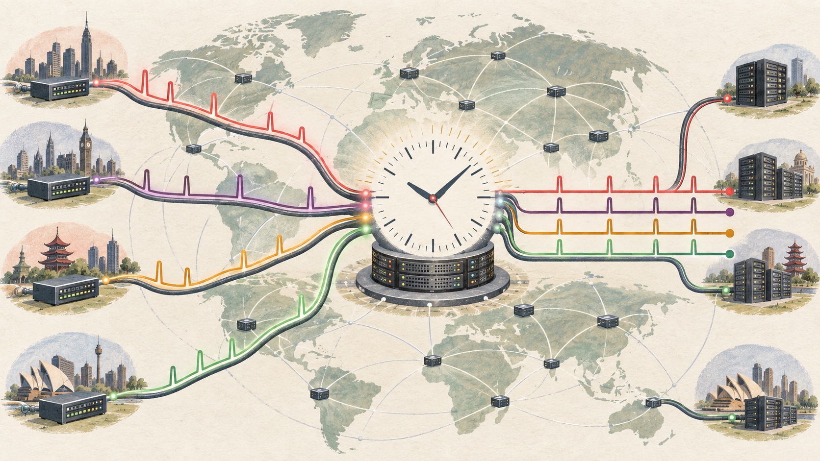 Global internet nodes send timing pulses through a central calibration hub before producing aligned proxy measurements