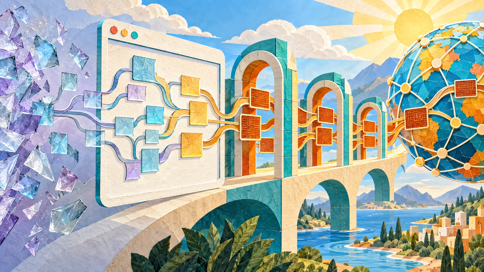 Structured browser data flows through resilient proxy gateways into a connected global internet network